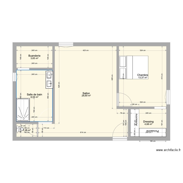 Plan JF. Plan de 6 pièces et 60 m2