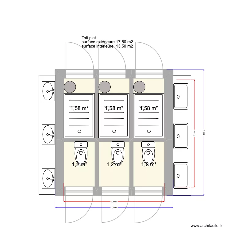 3 douches 3 WC 3,43 x 3,66. Plan de 6  et 8 m²