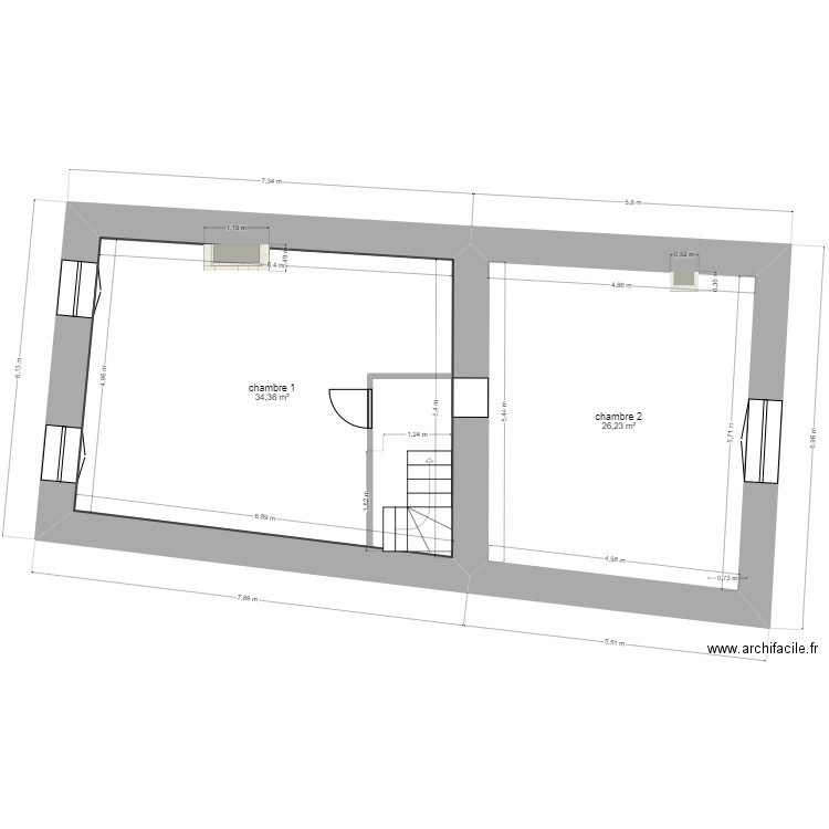 Maison etage. Plan de 2 pièces et 61 m2