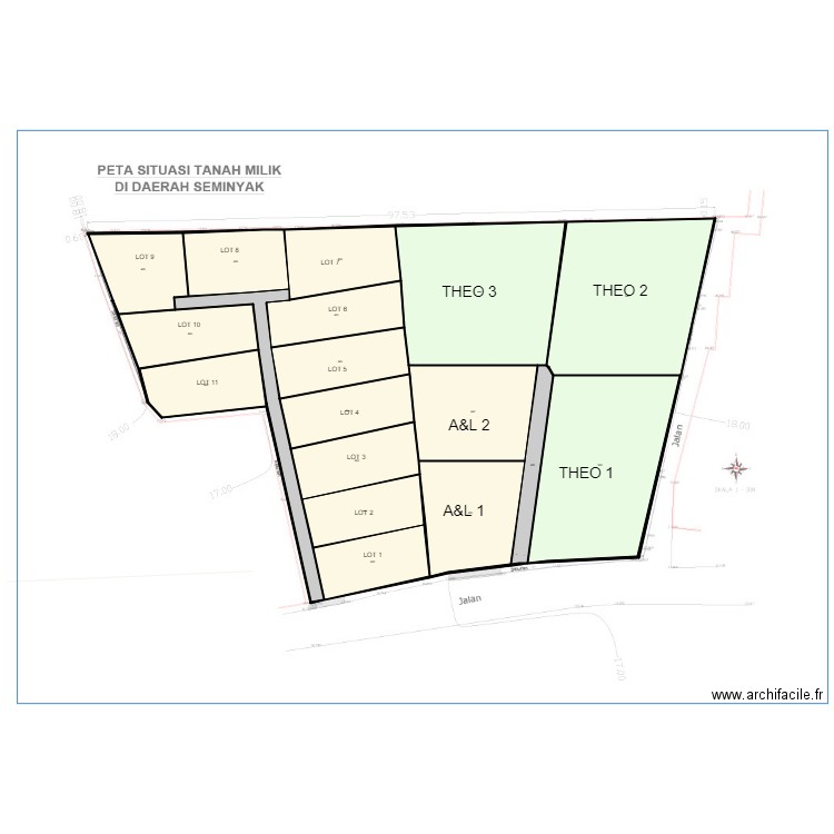 terrain seminyak 2X11 ares. Plan de 61 pièces et 5547 m2