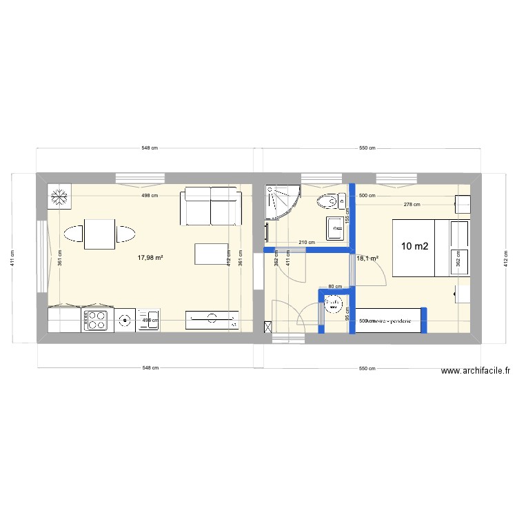 appart 1 + cuisine - 36m² version B. Plan de 2 pièces et 36 m2