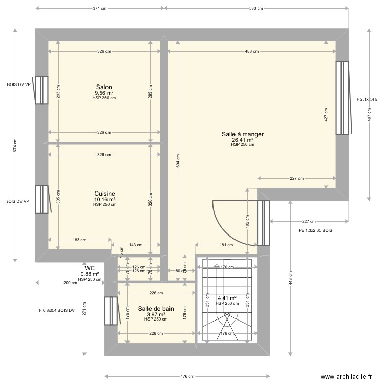 Type B RDC. Plan de 6 pièces et 55 m2