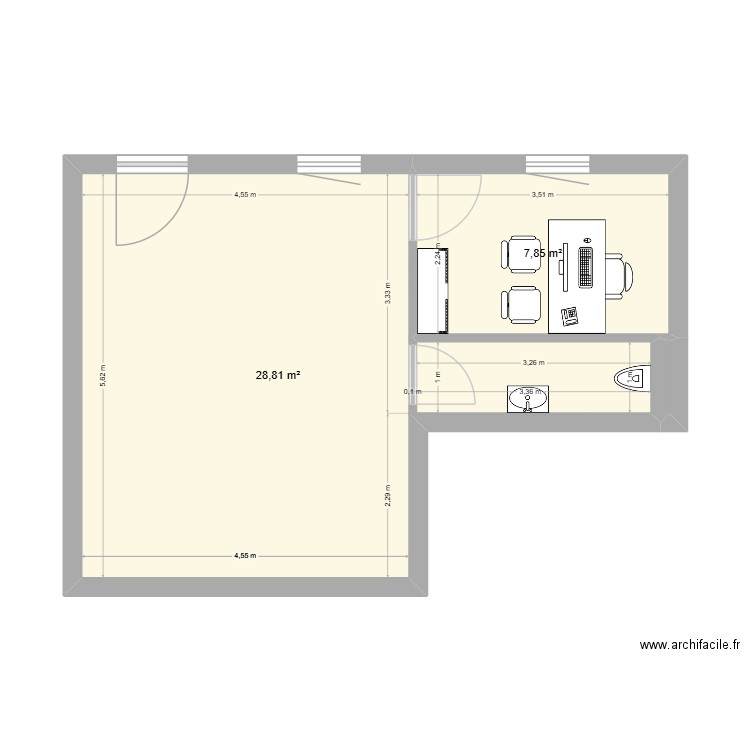 St Genis. Plan de 2 pièces et 37 m2