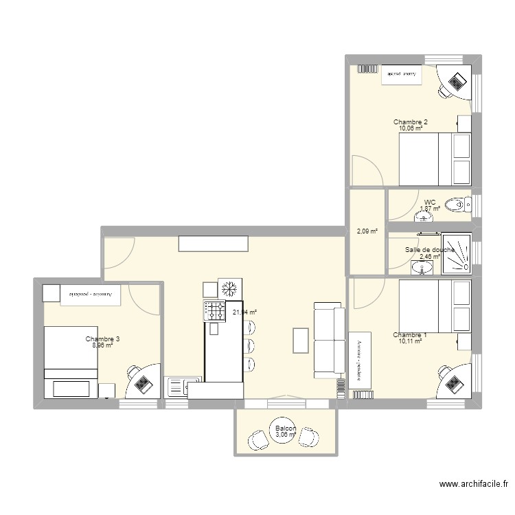 Appart V2. Plan de 8 pièces et 61 m2