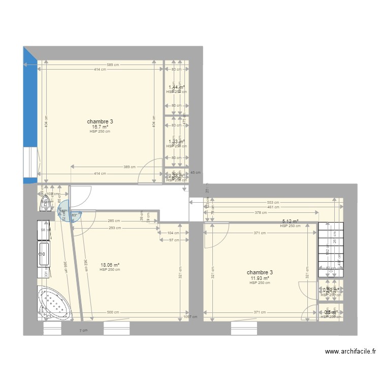 plan projet 4 salle de bain. Plan de 9 pièces et 56 m2
