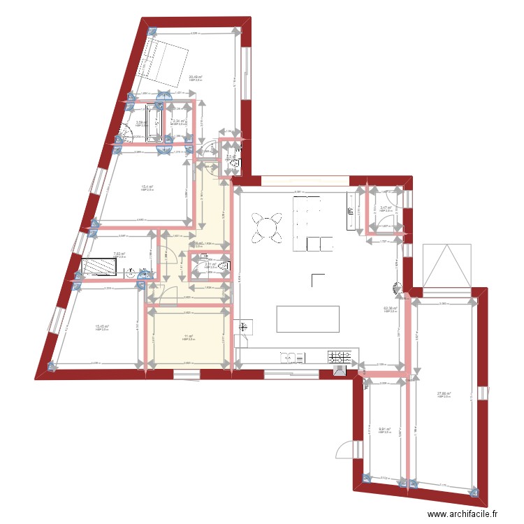 CONSTRUCTION  B. Plan de 14 pièces et 197 m2