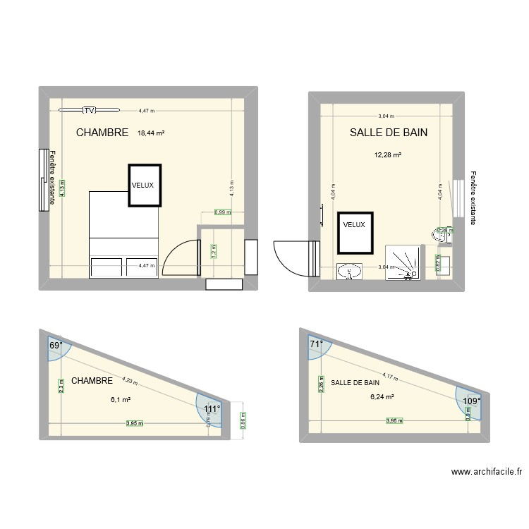 COMBLE. Plan de 4 pièces et 43 m2