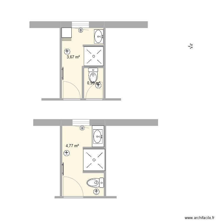 Salle d'eau Tata. Plan de 3 pièces et 9 m2