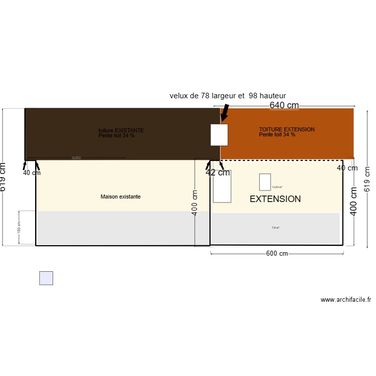 plan facade en pignon cote est. Plan de 2 pièces et 13 m2