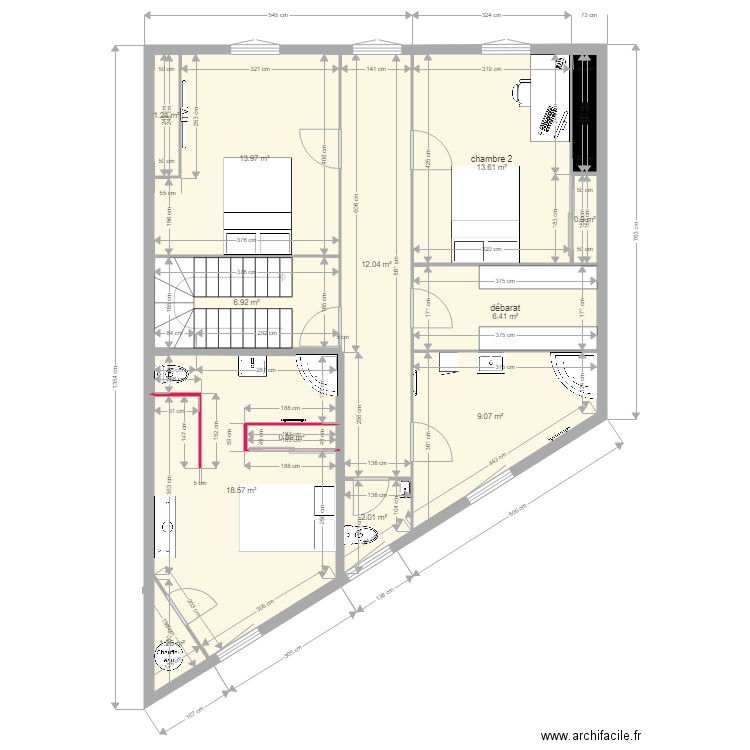 maison trèbes 2 ème étage. Plan de 13 pièces et 88 m2