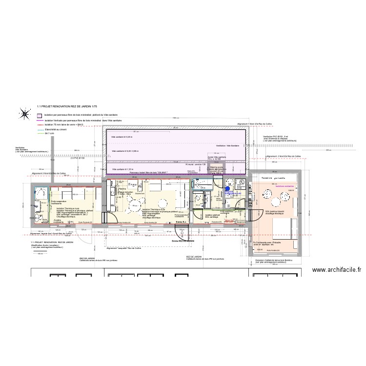 1.1 -PROJET  RENOVATION REZ DE JARDIN 1/75. Plan de 7 pièces et 105 m2