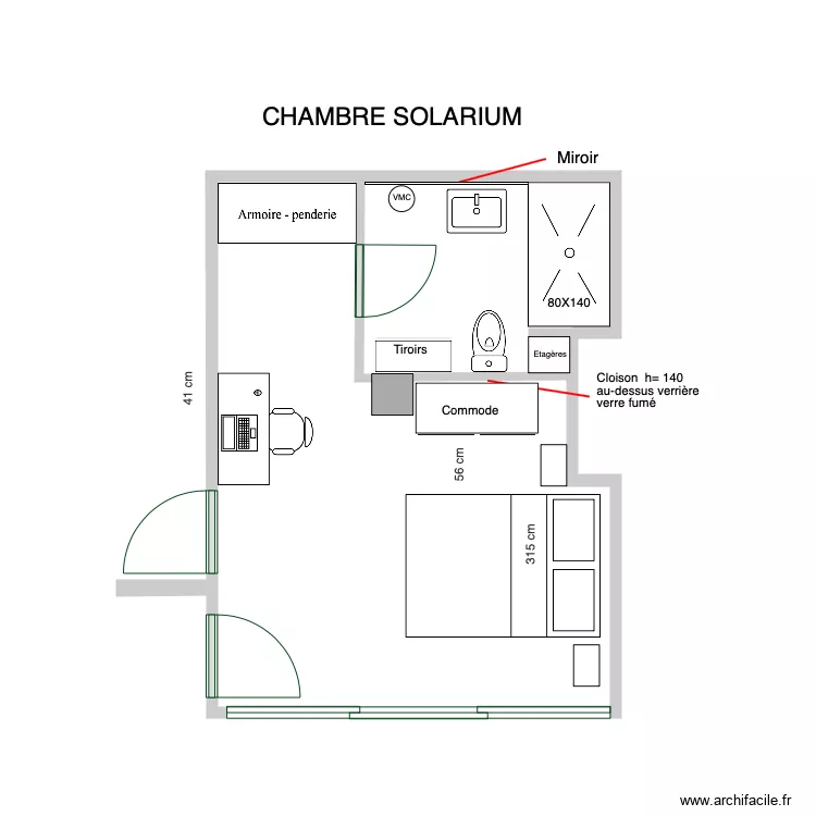 Chambre Solarium version sanibroyeur. Plan de 