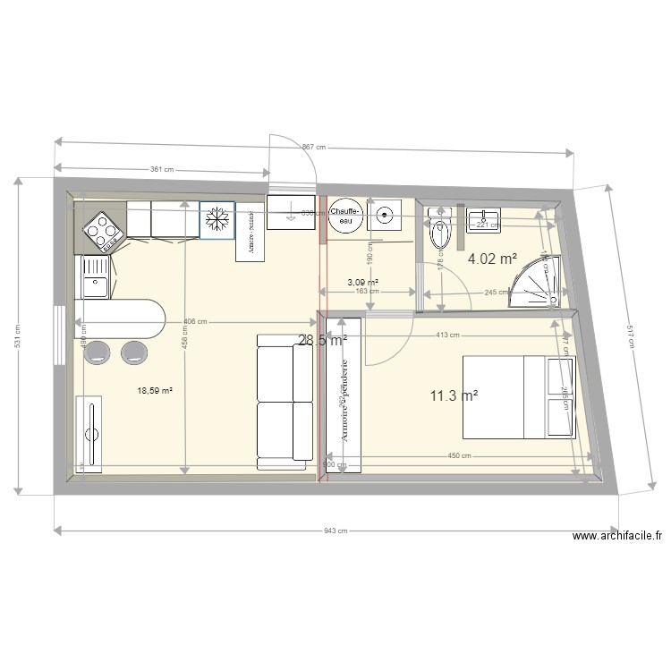 Projet Larrat  37 m² . Plan de 3 pièces et 57 m2