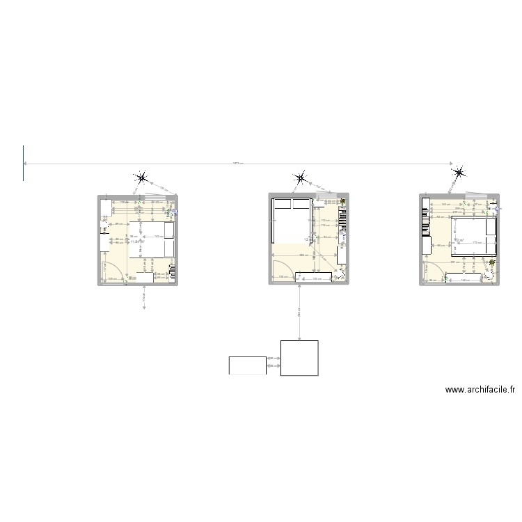 Plans chambre. Plan de 3 pièces et 36 m2