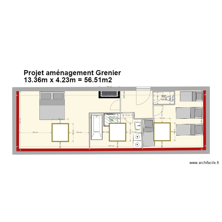 projet amenagement grenier au 8 mai 2022. Plan de 2 pièces et 57 m2