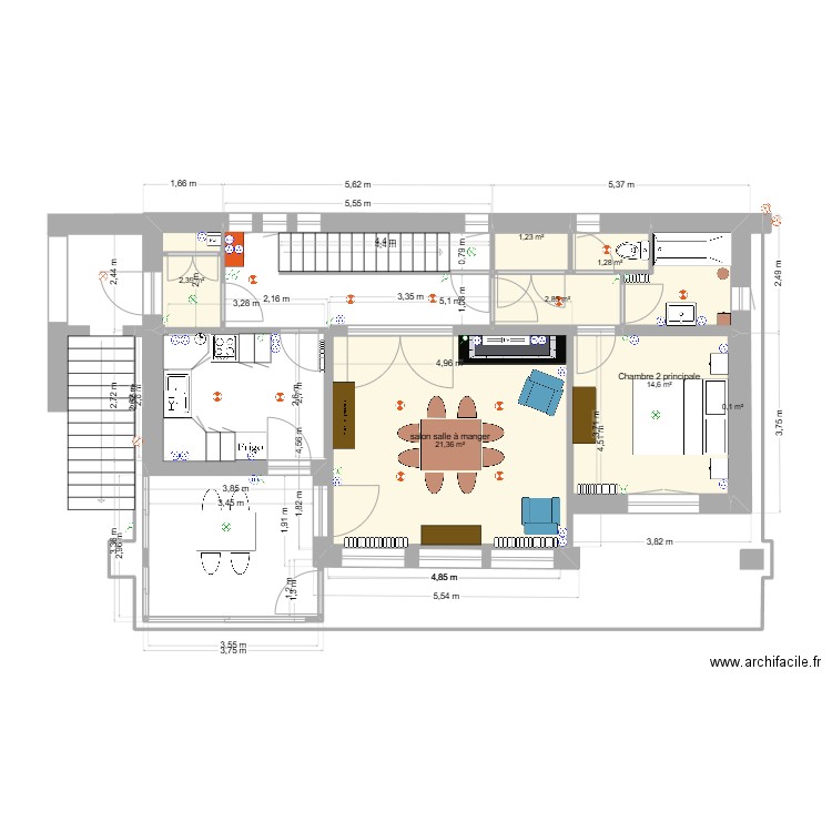 Chantelac R+1 Prunieres aménagement final. Plan de 7 pièces et 44 m2