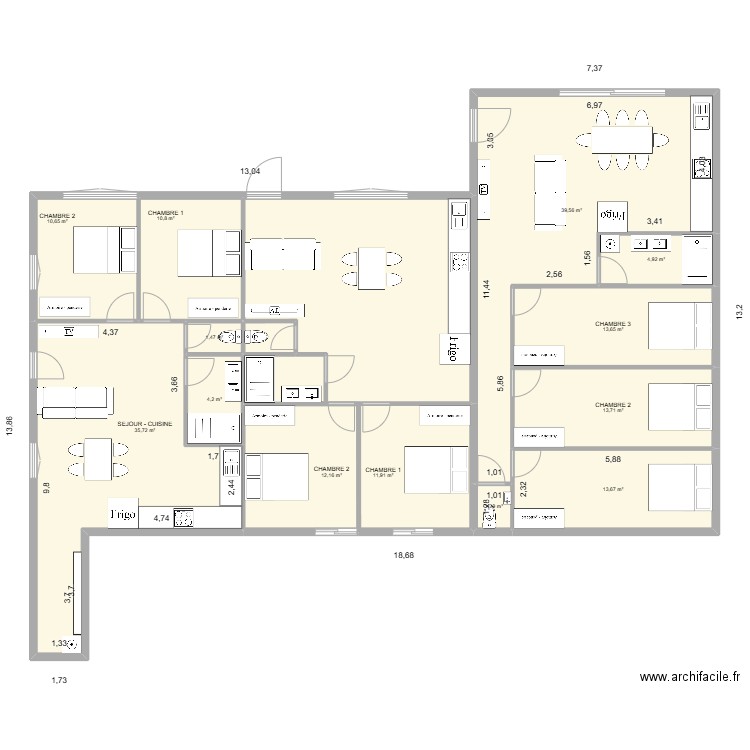 Decoupe appart lissac - v1. Plan de 15 pièces et 178 m2