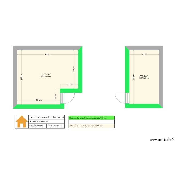 ERDINGER 1er étage combles. Plan de 2 pièces et 21 m2