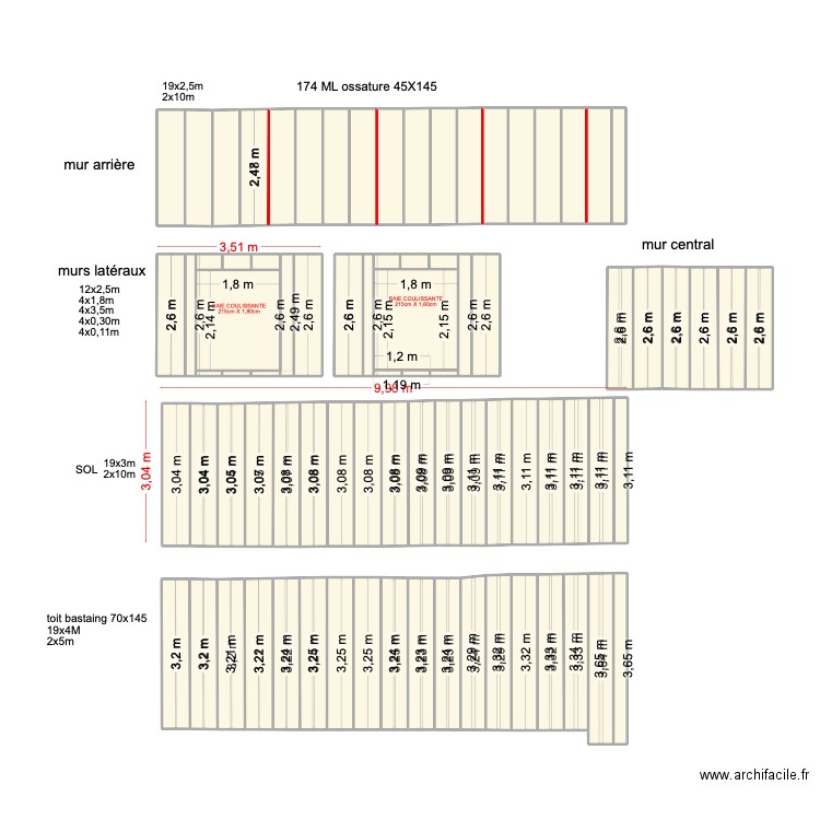 mur bois. Plan de 81 pièces et 114 m2