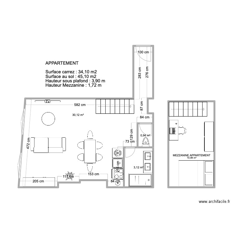 appartement CELU N°2 - aménagement 2. Plan de 4 pièces et 45 m2