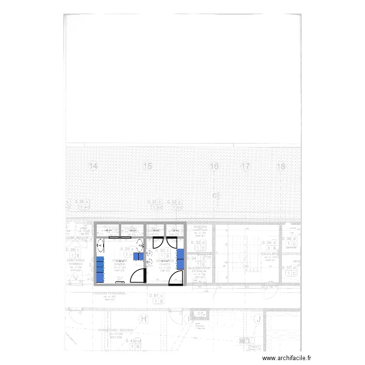 Vestiaires dames rdc Marche. Plan de 6 pièces et 26 m2