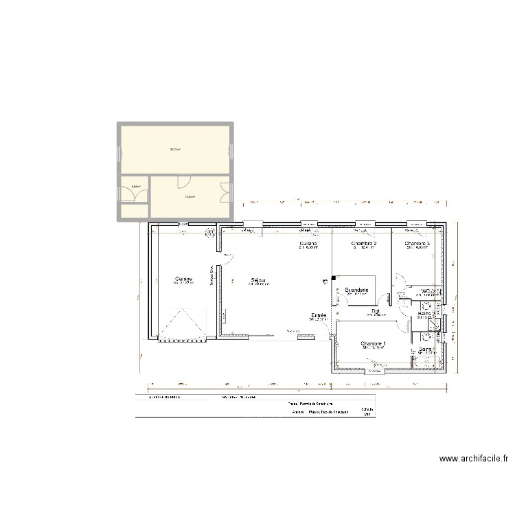 extension. Plan de 3 pièces et 38 m2