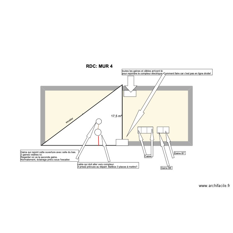 éclairage mur escalier. Plan de 1 pièce et 18 m2