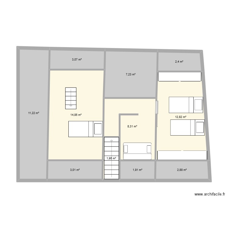 Grange r+2. Plan de 11 pièces et 70 m2