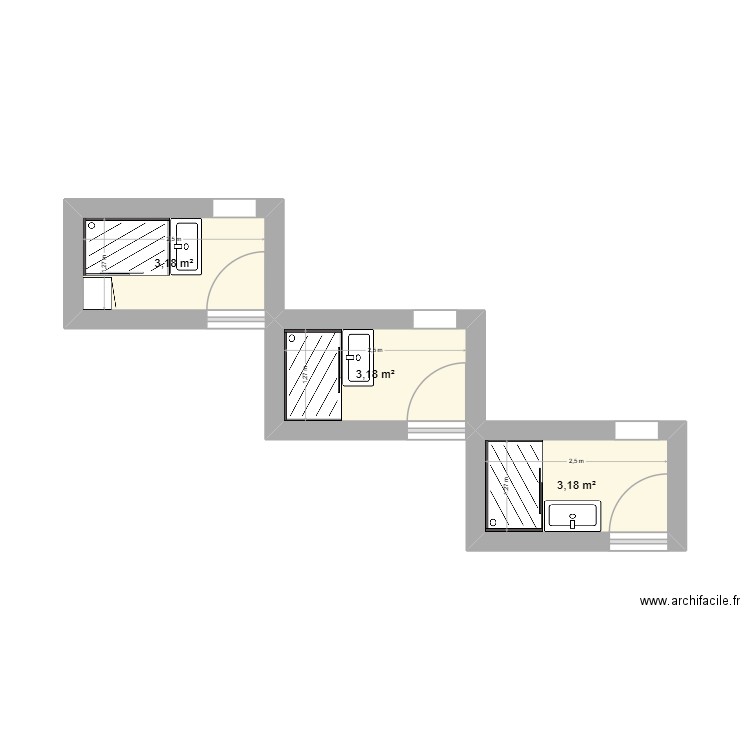 sdb. Plan de 3 pièces et 10 m2