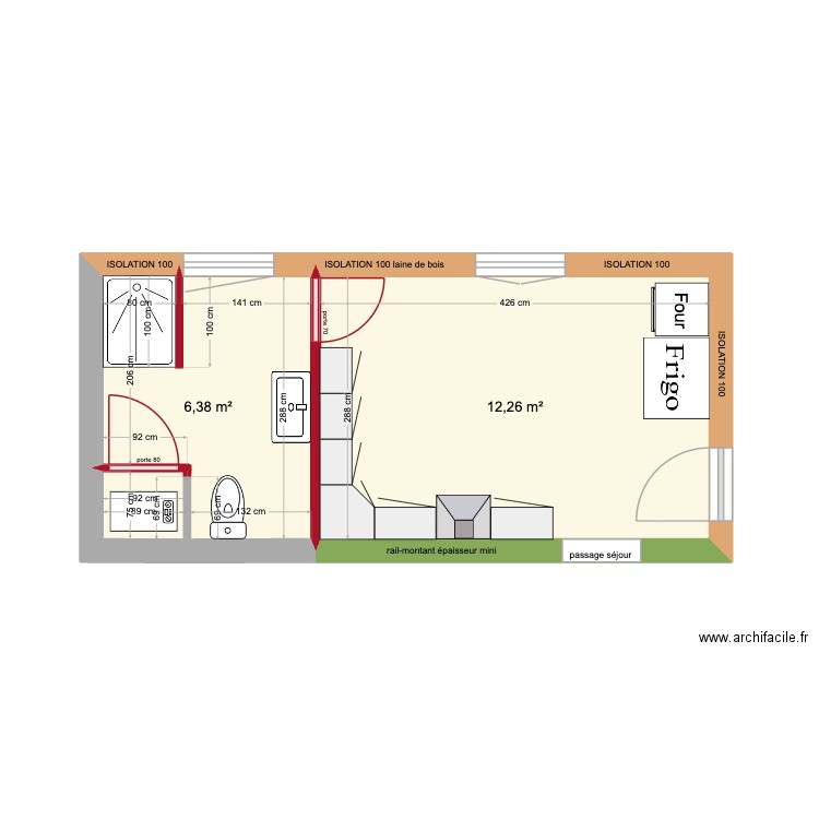 cuisine / salle de bain. Plan de 2 pièces et 19 m2
