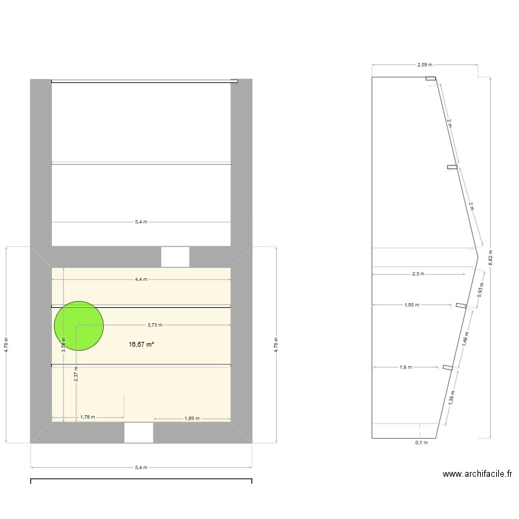 comble tremie colimaçon. Plan de 1 pièce et 17 m2