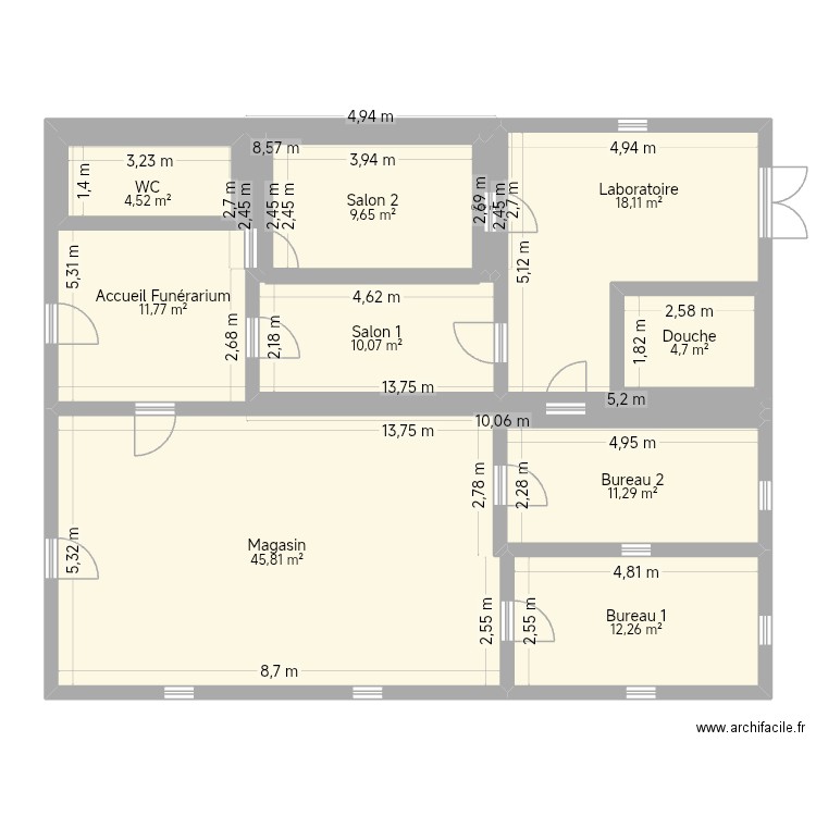 Funérarium 2. Plan de 10 pièces et 142 m2