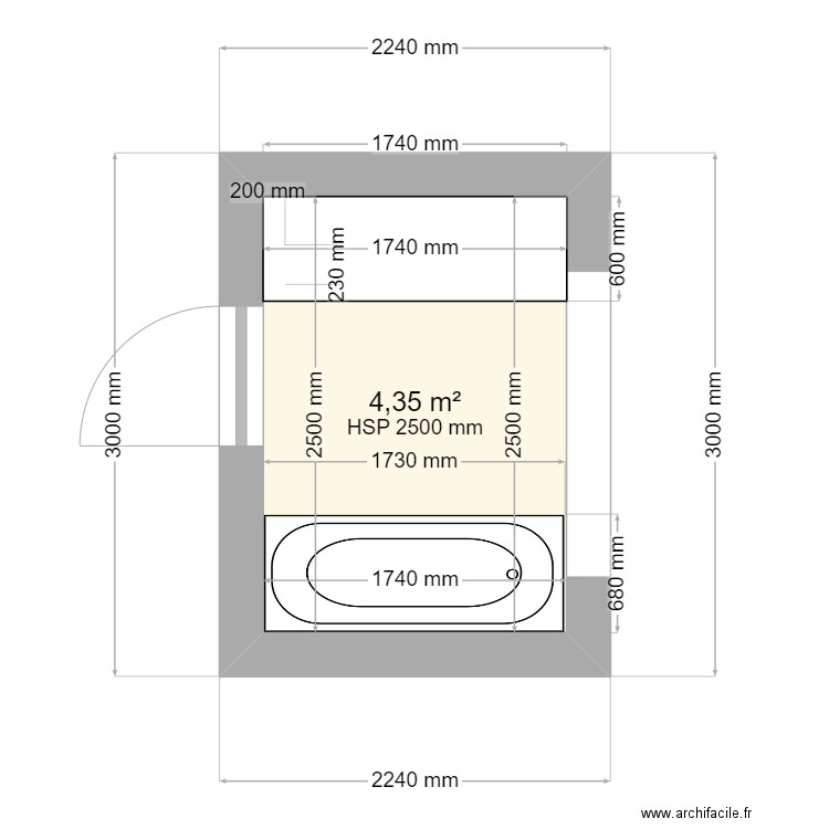 sdb haut. Plan de 1 pièce et 4 m2
