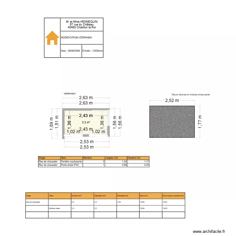 VERRANDA2. Plan de 1  et 3 m²