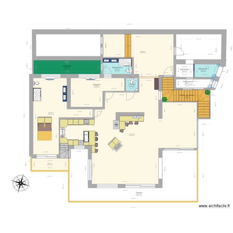 trencall entrée chambre parentale agrandissement nouveau murs. Plan de 13 pièces et 290 m2