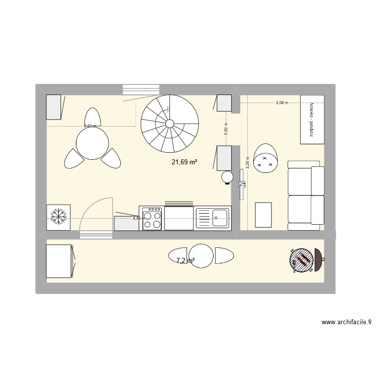 appart labastide étage aménagement 2. Plan de 2 pièces et 29 m2