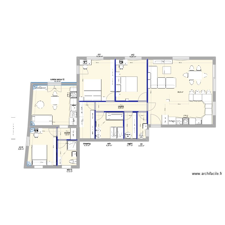 T2 + T3. Plan de 12 pièces et 109 m2