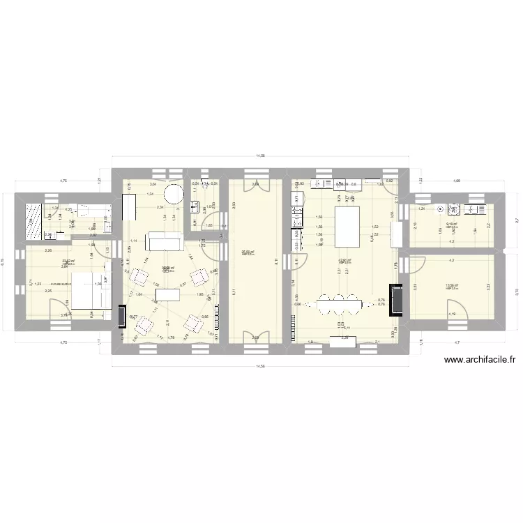 Subles 26-03-31 RDC equip&eacute; sejour cuisine idem Ranchy murs isol&eacute;s. Plan de 6  et 148 m²