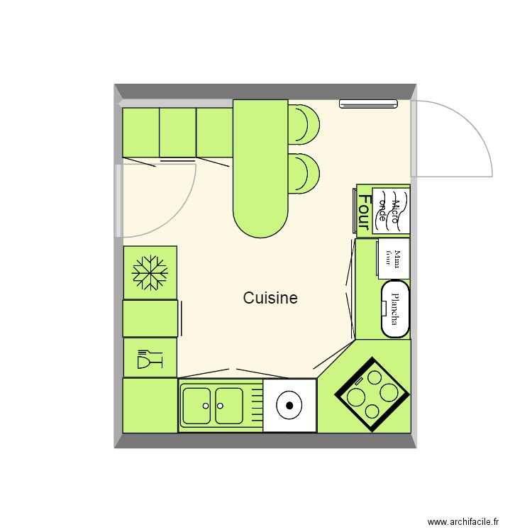 Cuisine cotée. Plan de 1 pièce et 11 m2
