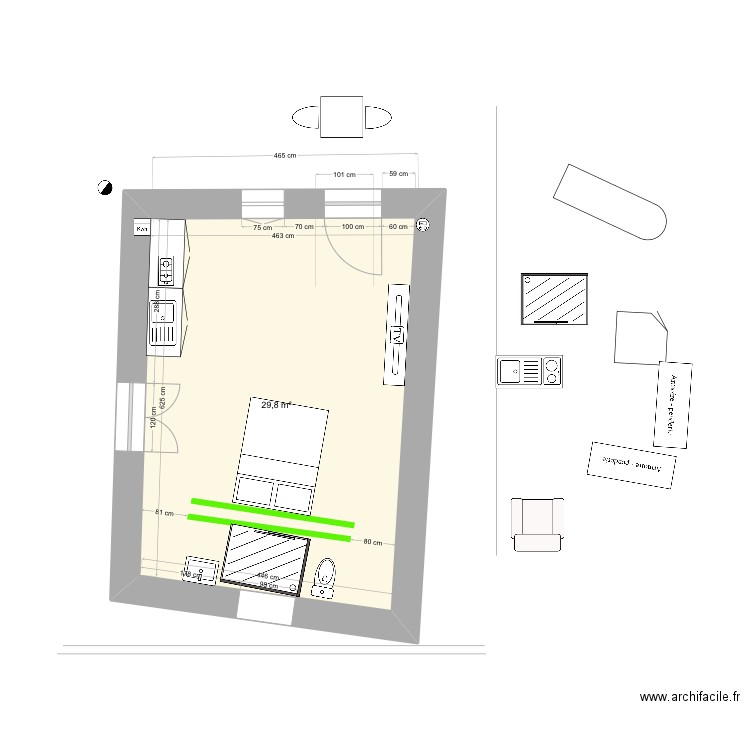 Studio. Plan de 1 pièce et 30 m2