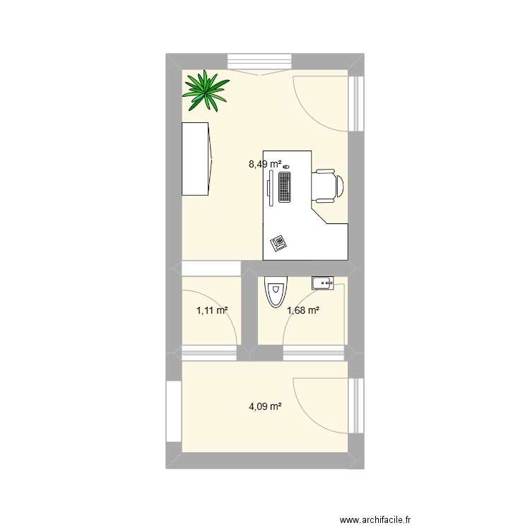 Bureau + WC. Plan de 4 pièces et 15 m2