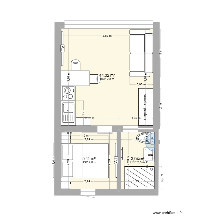 studio garage. Plan de 3 pièces et 23 m2