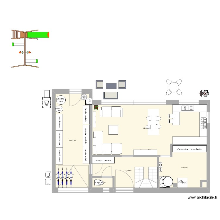 Rez Naxhelet. Plan de 5 pièces et 99 m2
