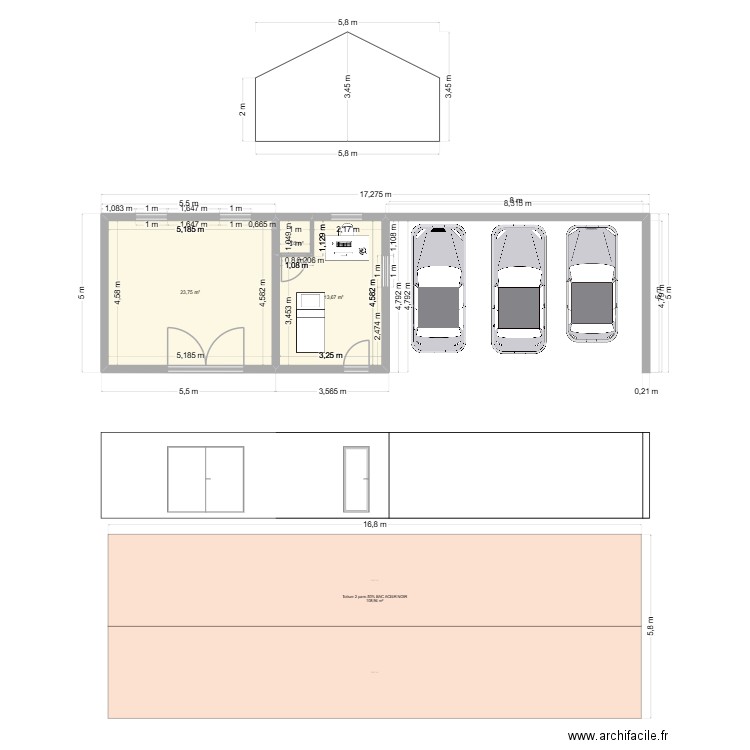 Atelier vs local soin. Plan de 3 pièces et 38 m2