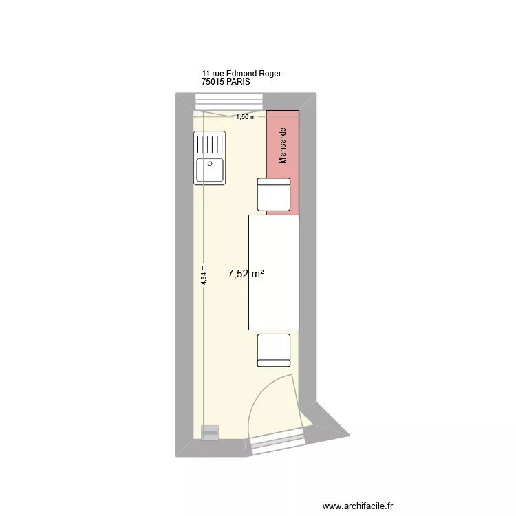 11 Edmond Roger. Plan de 1 Pièce et 8 m²