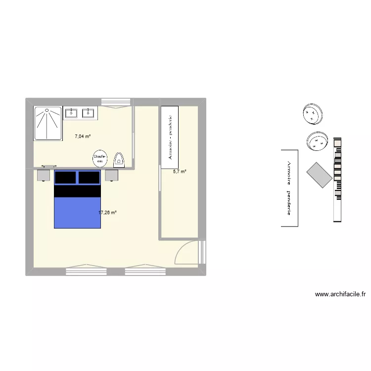 Chambre lit 2. Plan de 3  et 30 m²