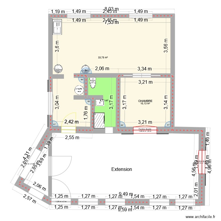 rez de chaussée. Plan de 3 pièces et 49 m2
