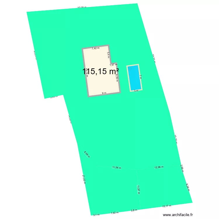 plan de coupe terrain et construction piscine. Plan de 1 pièce et 115 m²