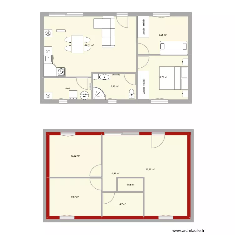 maison maman 6x10.  facon 2. Plan de 11  et 110 m²
