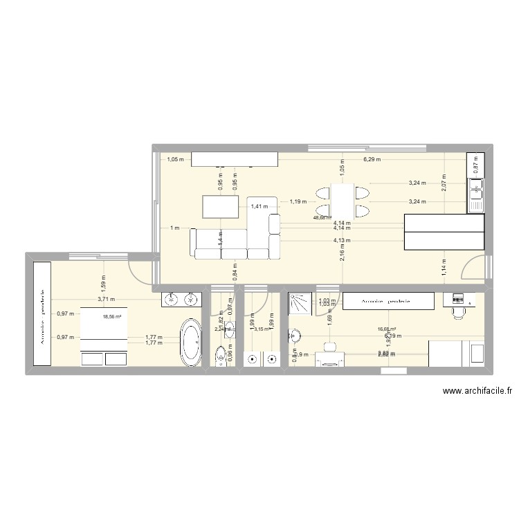 90m². Plan de 5 pièces et 89 m2